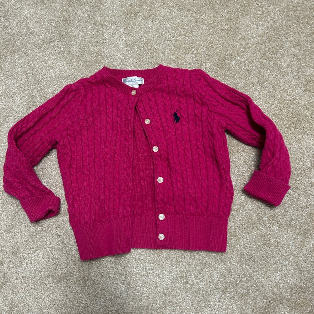Ralph Lauren Cable Knit Cardigan - Fuchsia with Navy Pony 18M